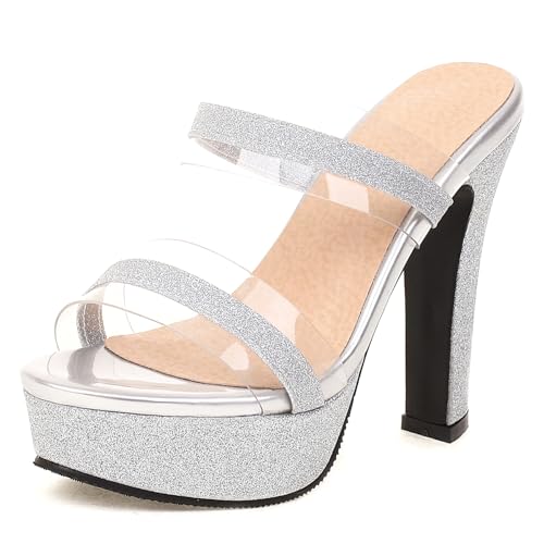 Klarmar Transparent Höhe Ferse Sandals Pantoletten Für Damen Plateau Elegant Abend Sandalen Prom Ohne Verschluss Sandals Silber Gr 33 EU von Klarmar