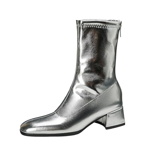 Klarmar Warm Stiefeletten Damen Blockabsatz Chelsea Stiefel Reißverschluss Mode Party Bride Stiefeletten Silber Gr 32 EU von Klarmar