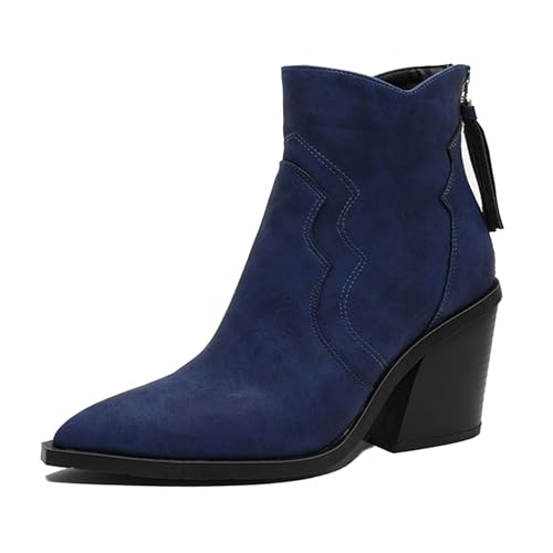 Klarmar Western Ankle Stiefeletten Damen Pointed Toe Chelsea Stiefel Ankle Stiefeletten Reißverschluss Buro Hohen Blau Gr 38 EU/39 von Klarmar