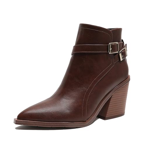 Klarmar Western Ankle Stiefeletten Damen Pointed Toe Chelsea Stiefel Ankle Stiefeletten Reißverschluss Buro Hohen Dark-Braun Gr 36.5 EU/37 von Klarmar