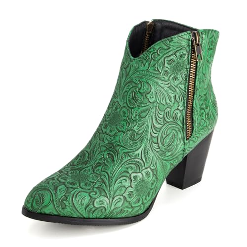 Klarmar Western Cowboystiefel Damen Blockabsatz Stiefeletten Pointed Toe Print Reißverschluss Mitte Absatz Mode Klassische Ankle Stiefeletten Dark-Grün Gr 43 EU/45 von Klarmar