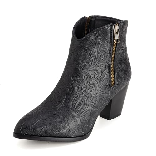 Klarmar Western Cowboystiefel Damen Blockabsatz Stiefeletten Pointed Toe Print Reißverschluss Mitte Absatz Mode Klassische Ankle Stiefeletten Schwarz Gr 51 EU/53 von Klarmar
