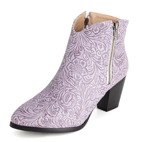 Klarmar Western Cowboystiefel Damen Blockabsatz Stiefeletten Pointed Toe Print Reißverschluss Mitte Absatz Mode Klassische Ankle Stiefeletten Violett Gr 42 EU/44 von Klarmar