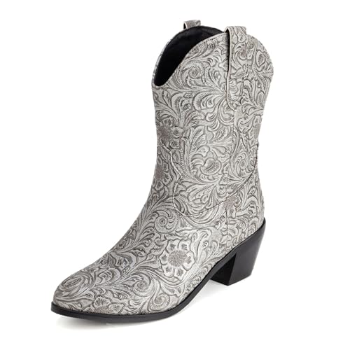 Klarmar Western Mid Boot Damen Draußen Bestickt Stiefel Ohne Verschluss Runde Zehen Klassische Mid Stiefel Leisure Weit Calf Cowboy Grau Gr 43 EU/45 von Klarmar
