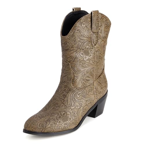 Klarmar Western Mid Boot Damen Draußen Bestickt Stiefel Ohne Verschluss Runde Zehen Klassische Mid Stiefel Leisure Weit Calf Cowboy Khaki Gr 52 EU/54 von Klarmar