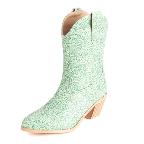 Klarmar Western Mid Boot Damen Draußen Bestickt Stiefel Ohne Verschluss Runde Zehen Klassische Mid Stiefel Leisure Weit Calf Cowboy Light-Grün Gr 45 EU/47 von Klarmar