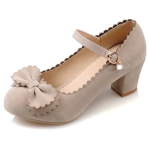 Klarmar Wildleder Block Schuhe Damen Bogen Klassische Mary Jane Prom Elegant Bride Pumps Schnalle Party Beige Gr 36 EU von Klarmar