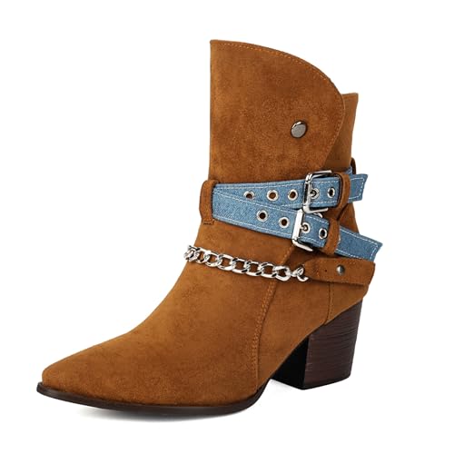 Klarmar Wildleder Blockabsatz Ankle Stiefeletten Damen Pointed Toe Stiefel Leisure Wildleder Schnalle Chukka Stiefel Braun Gr 39 EU/40 von Klarmar