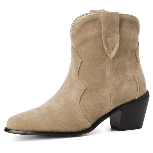 Klarmar Wildleder Stiefeletten Damen Blockabsatz Chelsea Stiefel Pointed Toe Chukka Stiefeletten Aprikose Gr 40.5 EU/42 von Klarmar