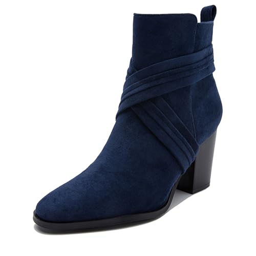Klarmar Wildleder Stiefeletten Damen Hohen Blockabsatz Chelsea Stiefel Reißverschluss Mode Kleid Stiefeletten Stiefeletten Elegant Blau Gr 36.5 EU/37 von Klarmar