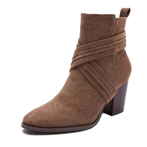 Klarmar Wildleder Stiefeletten Damen Hohen Blockabsatz Chelsea Stiefel Reißverschluss Mode Kleid Stiefeletten Stiefeletten Elegant Braun Gr 40.5 EU/42 von Klarmar