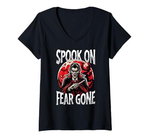 Damen Spook Über Die Angst Geworden Vampire Retro Horror T-Shirt mit V-Ausschnitt Damen Spook Über Die Angst Geworden Vampire Retro Horror T-Shirt mit V-Ausschnitt von Klassiker Vampir Gothic Horror Halloween Monster