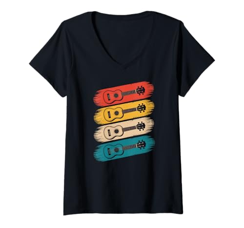 Damen Retro Bunte Klassische Gitarre Vintage Gitarre Alte Schule T-Shirt mit V-Ausschnitt Damen Retro Bunte Klassische Gitarre Vintage Gitarre Alte Schule T-Shirt mit V-Ausschnitt von Klassische Gitarre Rock Musikliebhaber Musiker