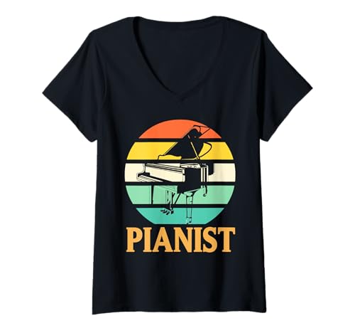 Damen Vintage Pianist Retro Musik Sonnenuntergang Stil T-Shirt mit V-Ausschnitt Damen Vintage Pianist Retro Musik Sonnenuntergang Stil T-Shirt mit V-Ausschnitt von Klassische Klavierspieler Ästhetik Vintage