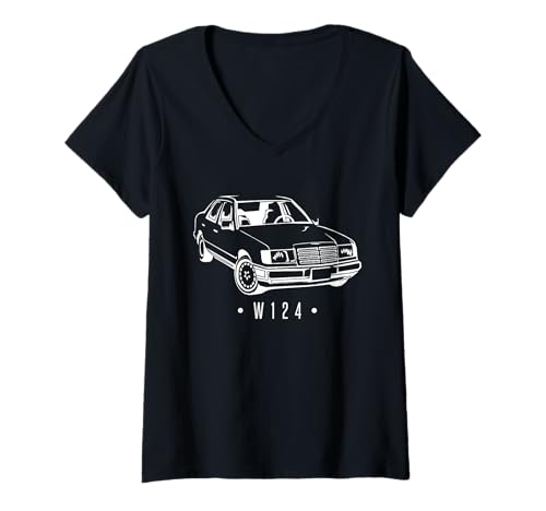 Damen W124 Silhouette Auto Oldtimer Klassiker T-Shirt mit V-Ausschnitt Damen W124 Silhouette Auto Oldtimer Klassiker T-Shirt mit V-Ausschnitt von Klassische W124-Silhouette
