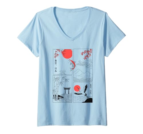 Damen Japanischer Minimalismus Koi Kranich Torii Bambus 東京 日本 T-Shirt mit V-Ausschnitt Damen Japanischer Minimalismus Koi Kranich Torii Bambus 東京 日本 T-Shirt mit V-Ausschnitt von Klassischer Japan Look Kanji Natur Panel Minimal