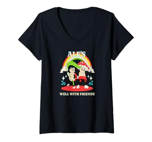 Damen Fröhlicher Pilz Käfer Regenbogen Cartoon Freude T-Shirt mit V-Ausschnitt Damen Fröhlicher Pilz Käfer Regenbogen Cartoon Freude T-Shirt mit V-Ausschnitt von Klassischer Naturstil mit Retro-Charme