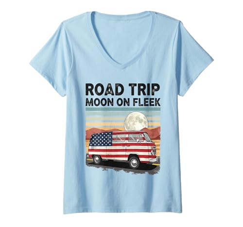 Damen Road Voyage Moon On Fleek Retro Van Adventure T-Shirt mit V-Ausschnitt Damen Road Voyage Moon On Fleek Retro Van Adventure T-Shirt mit V-Ausschnitt von Klassischer amerikanischer Road Outdoor-Abente