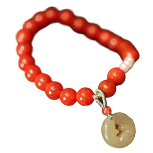 Feng Shui-Kristall-Armband, Achat-Armband, Jade-Amulett-Fuchs-Anhänger-Armband, 8 mm Kristall, dehnbares Perlenarmband, Glücks-Amulett, Reiki-Kristall, Chakra-Steine, Armband for Damen ( Color : Red ) von Klauer