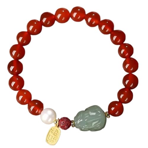 Feng Shui-Kristall-Armband, Achat-Armband, Pixiu/Pi Yao-Armband, rotes Achat-Quarz-Armband, 8 mm, dehnbares Perlenarmband, Hetian-Nephrit-Jade-Amulett, Gold-Glücksbringer-Armband, Damen- und Mädchen-S von Klauer