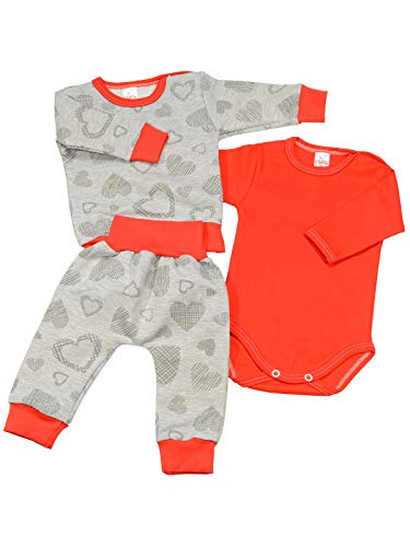 KleKle Baby Mädchen Kleidungsset Geschenkset 3 TLG Langarm Body Hose Pullover Herz 22839 Rot Grau 110 von KleKle