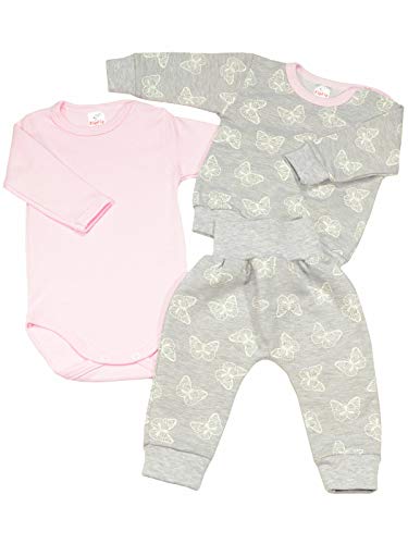 KleKle Baby Mädchen Kleidungsset Geschenkset 3 TLG Langarm Body Hose Pullover Schmetterling 22837 Rosa Grau 80 von KleKle