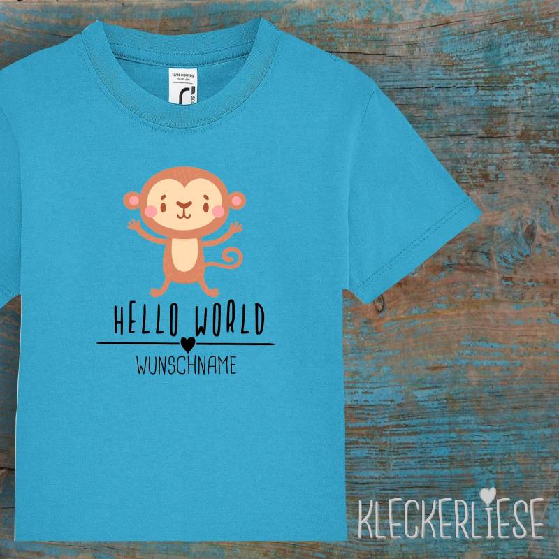 Kinder Baby Shirt Mit Wunschname Kleinkind "Hello World Affe Wunschname" T-Shirt Jungen Mädchen von Kleckerliese