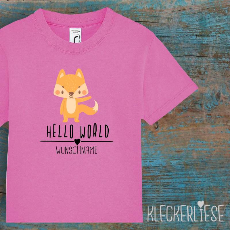Kinder Baby Shirt Mit Wunschname Kleinkind "Hello World Fuchs Wunschname" T-Shirt Jungen Mädchen von Kleckerliese