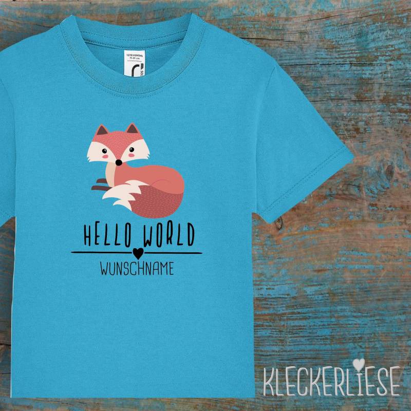 Kinder Baby Shirt Mit Wunschname Kleinkind "Hello World Fuchs Wunschname" T-Shirt Jungen Mädchen von Kleckerliese
