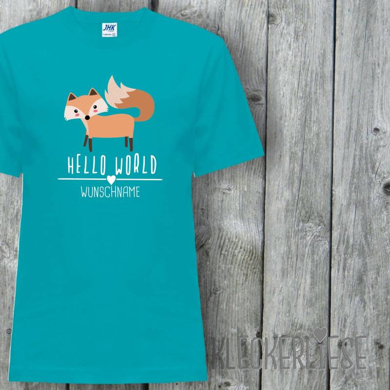 Kinder T-Shirt Mit Wunschname "Hello World Fuchs Wunschname" Shirt Jungen Mädchen Baby Kind von Kleckerliese