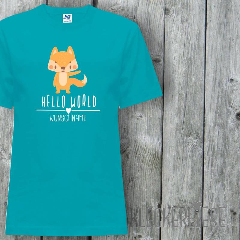Kinder T-Shirt Mit Wunschname "Hello World Fuchs Wunschname" Shirt Jungen Mädchen Baby Kind von Kleckerliese