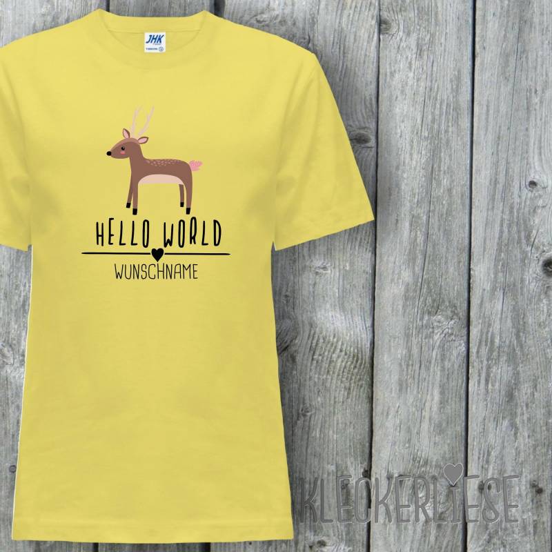 Kinder T-Shirt Mit Wunschname "Hello World Reh Wunschname" Shirt Jungen Mädchen Baby Kind von Kleckerliese