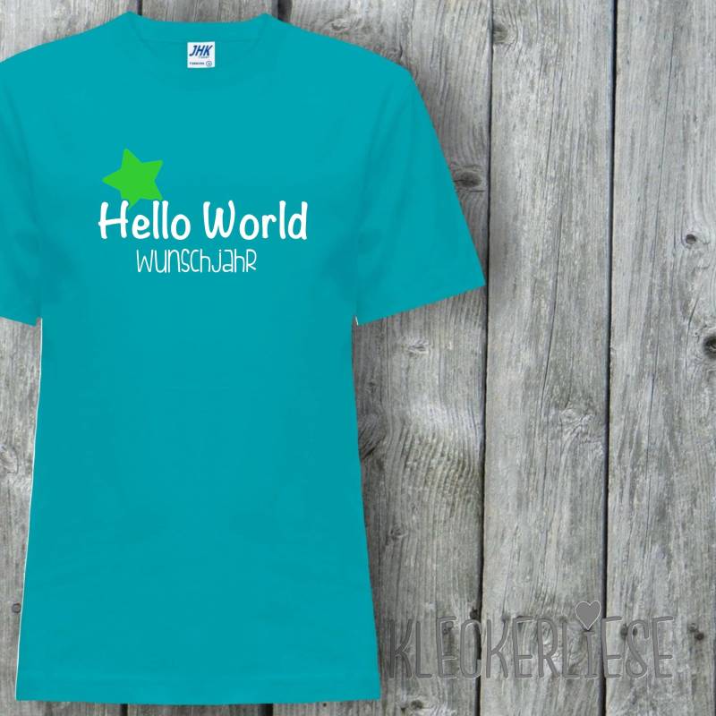 Kinder T-Shirt Mit Wunschname "Hello World Stern Wunschjahr" Shirt Jungen Mädchen Baby Kind von Kleckerliese