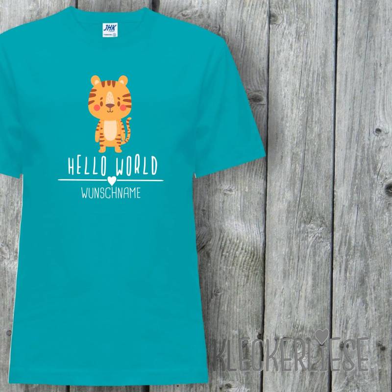 Kinder T-Shirt Mit Wunschname "Hello World Tiger Wunschname" Shirt Jungen Mädchen Baby Kind von Kleckerliese