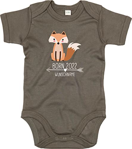 Kleckerliese Baby Body Born 2023 2024 2025 2026 Wunschjahr Tiermotiv Personalisiert Name Fuchs Junge Mädchen Kurzarm, CamouflageGreen, 0-3 Mon von Kleckerliese