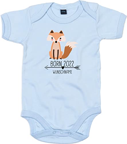 Kleckerliese Baby Body Born 2023 2024 2025 2026 Wunschjahr Tiermotiv Personalisiert Name Fuchs Junge Mädchen Kurzarm, DustyBlue, 6-12 Mon von Kleckerliese
