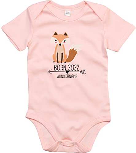 Kleckerliese Baby Body Born 2023 2024 2025 2026 Wunschjahr Tiermotiv Personalisiert Name Fuchs Junge Mädchen Kurzarm, PowderPink, 0-3 Mon von Kleckerliese