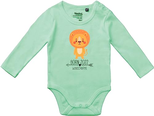 Kleckerliese Baby Body Langarm Motiv Born 2022 2023 2024 personalisiert Tiere Tiermotiv Löwe Pfeil Wunschname Name Jahr Zahl Vintage Sprüche Junge Mädchen, DustyMint,62 von Kleckerliese