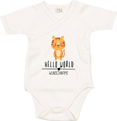 Kleckerliese Baby Body Wickelbody Junge Mädchen Kurzarm Hello World Tiermotiv Wunschname Name Tiere Tiger, Natural, 0-3 Monate von Kleckerliese