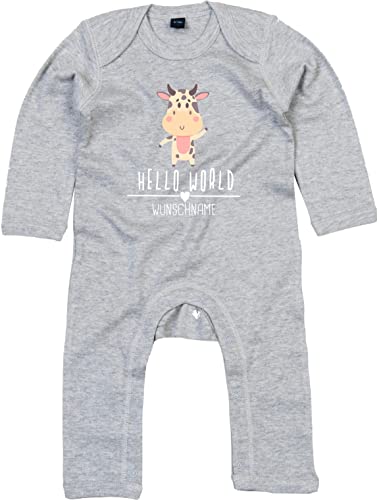 Kleckerliese Baby Body Strampler Hello World Tiere Kuh mit Wunschname personalisiert Schlafanzug Overall Junge Mädchen, HeatherGreyMelange, 12-18 Monate von Kleckerliese