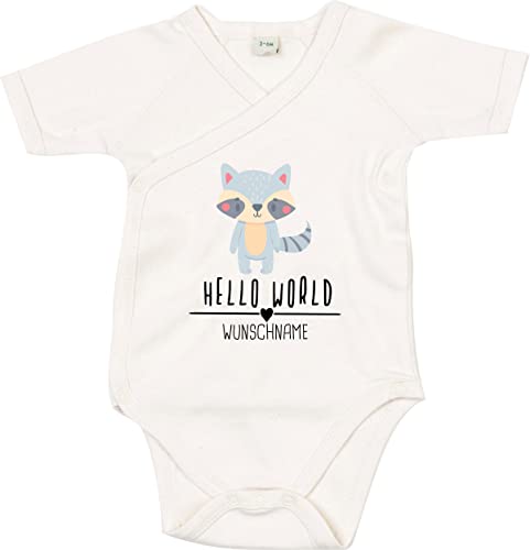 Kleckerliese Baby Body Wickelbody Junge Mädchen Kurzarm Hello World Tiermotiv Wunschname Name Tiere Waschbär, Natural, 6-12 Monate von Kleckerliese