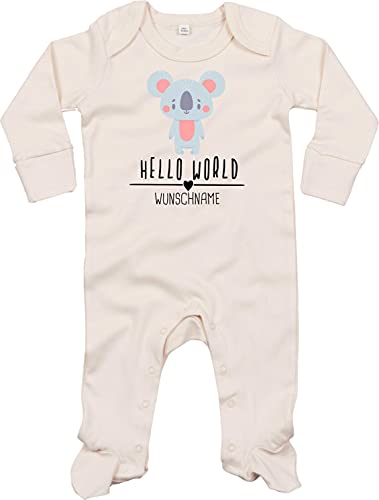 Kleckerliese Baby Body Schlafanzug Strampler Langarm Junge Mädchen Hello World Tiermotiv Wunschname personalisiert Name Tiere Koala Koalabär, Natural 6-12 Monate von Kleckerliese