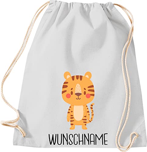 Kleckerliese Kinder Turnbeutel Schule Kindergarten Rucksack Tasche Tiermotiv personalisiert Name Tiere Tiger, hellgrau von Kleckerliese