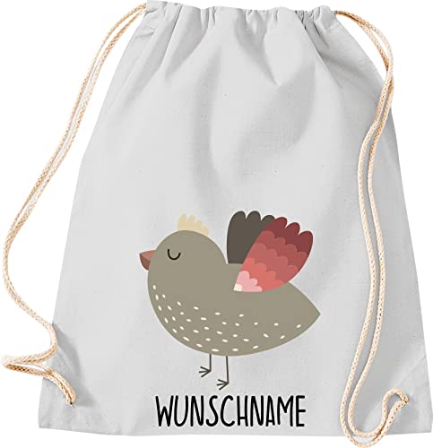 Kleckerliese Kinder Turnbeutel Schule Kindergarten Rucksack Tasche Tiere Vogel Spatz personalisiert Name, hellgrau von Kleckerliese