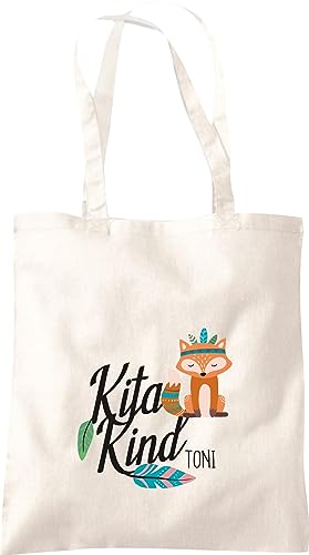 Kleckerliese Stoffbeutel Schule Kindergarten Kita Kind Tiere Fuchs personalisiert mit Wunschname Kinder Tasche Beutel, natur von Kleckerliese