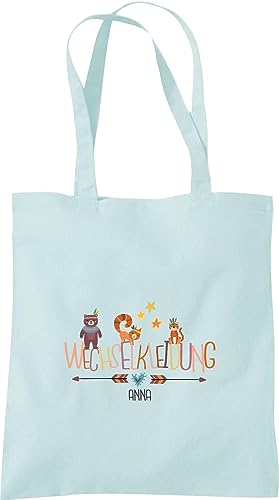 Kleckerliese Stoffbeutel Schule Kindergarten Kita Wechselkleidung Tiere Bär Tiger Eichhörnchen personalisiert mit Name Kinder Tasche Beutel, pastellblau von Kleckerliese