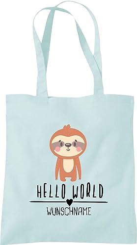 Kleckerliese Stoffbeutel Schule Kindergarten mit Motiv Hello World Faultier personalisiert Kinder Tasche Beutel, pastellblau von Kleckerliese