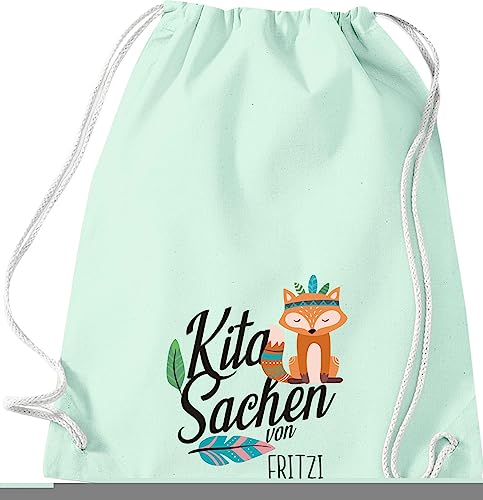 Kleckerliese Turnbeutel Schule Kindergarten Kita Kleidung Tiere Fuchs personalisiert mit Name Kinder Rucksack Tasche, pastellmint von Kleckerliese