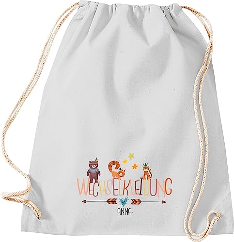 Kleckerliese Turnbeutel Schule Kindergarten Kita Wechselkleidung Tiere Bär Tiger Eichhörnchen personalisiert mit Name Kinder Rucksack Tasche, hellgrau von Kleckerliese