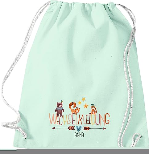 Kleckerliese Turnbeutel Schule Kindergarten Kita Wechselkleidung Tiere Bär Tiger Eichhörnchen personalisiert mit Name Kinder Rucksack Tasche, pastellmint von Kleckerliese